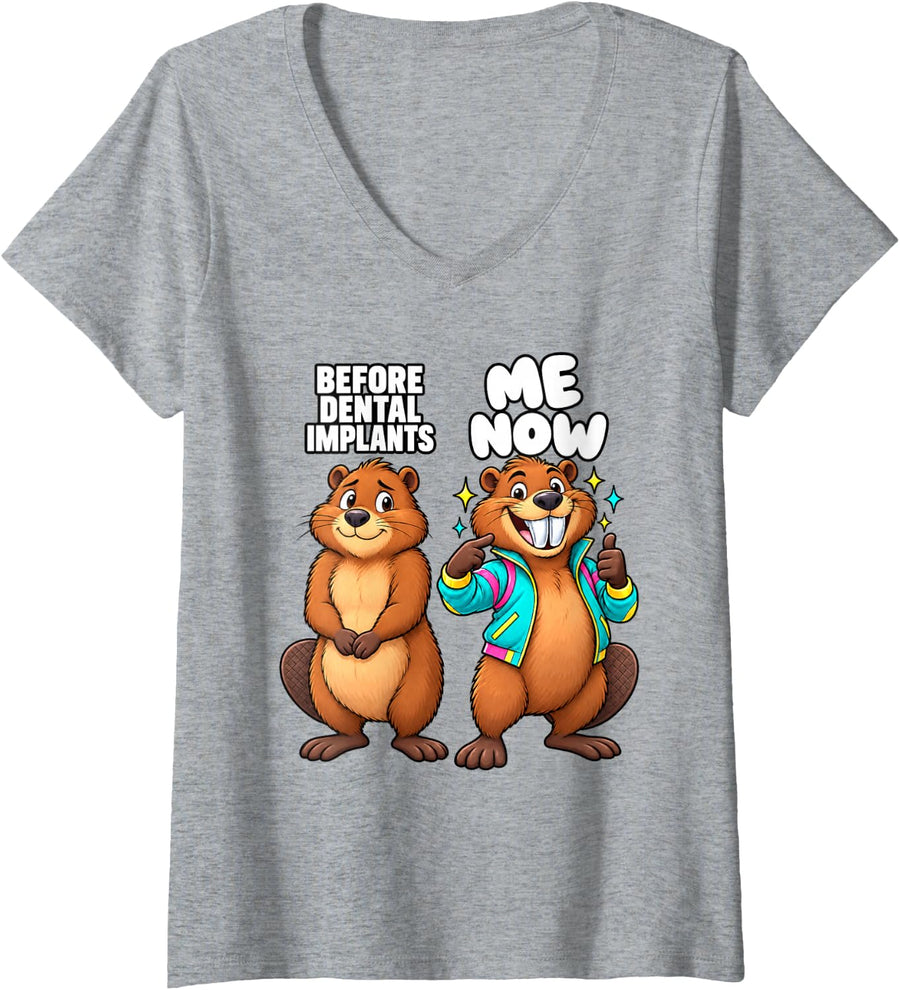 Women's Funny Dental Implants Turkey Teeth Beaver Smile Makeover V-Neck T-Shirt - Heather Grey