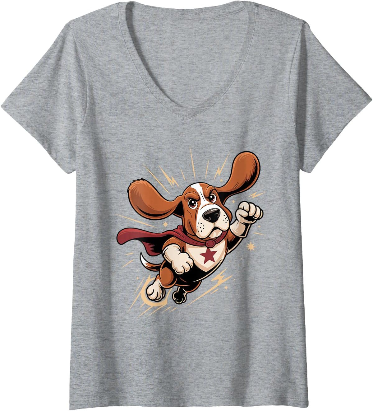 Women's Basset Hound Superhero Dog Lover Owner Hound V-Neck T-Shirt - Heather Grey