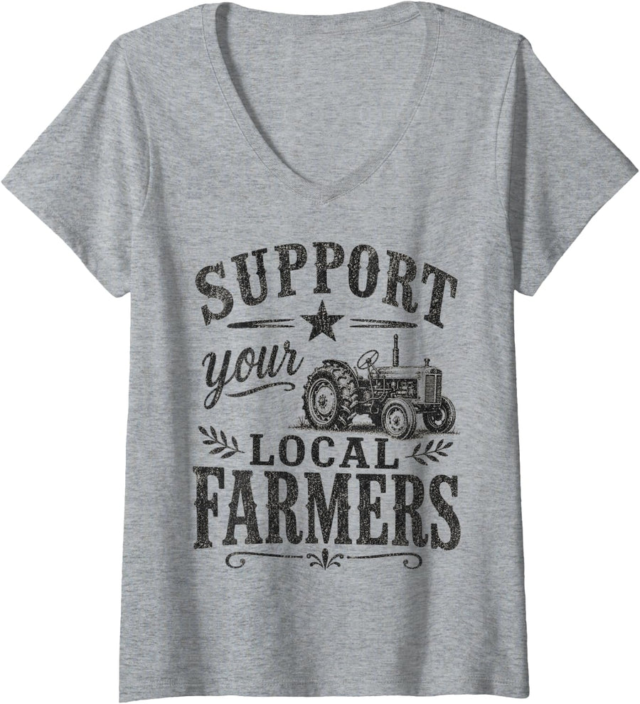 Women's Support Local Farmers Vintage Tractor Farming Graphic V-Neck T-Shirt - Heather Grey
