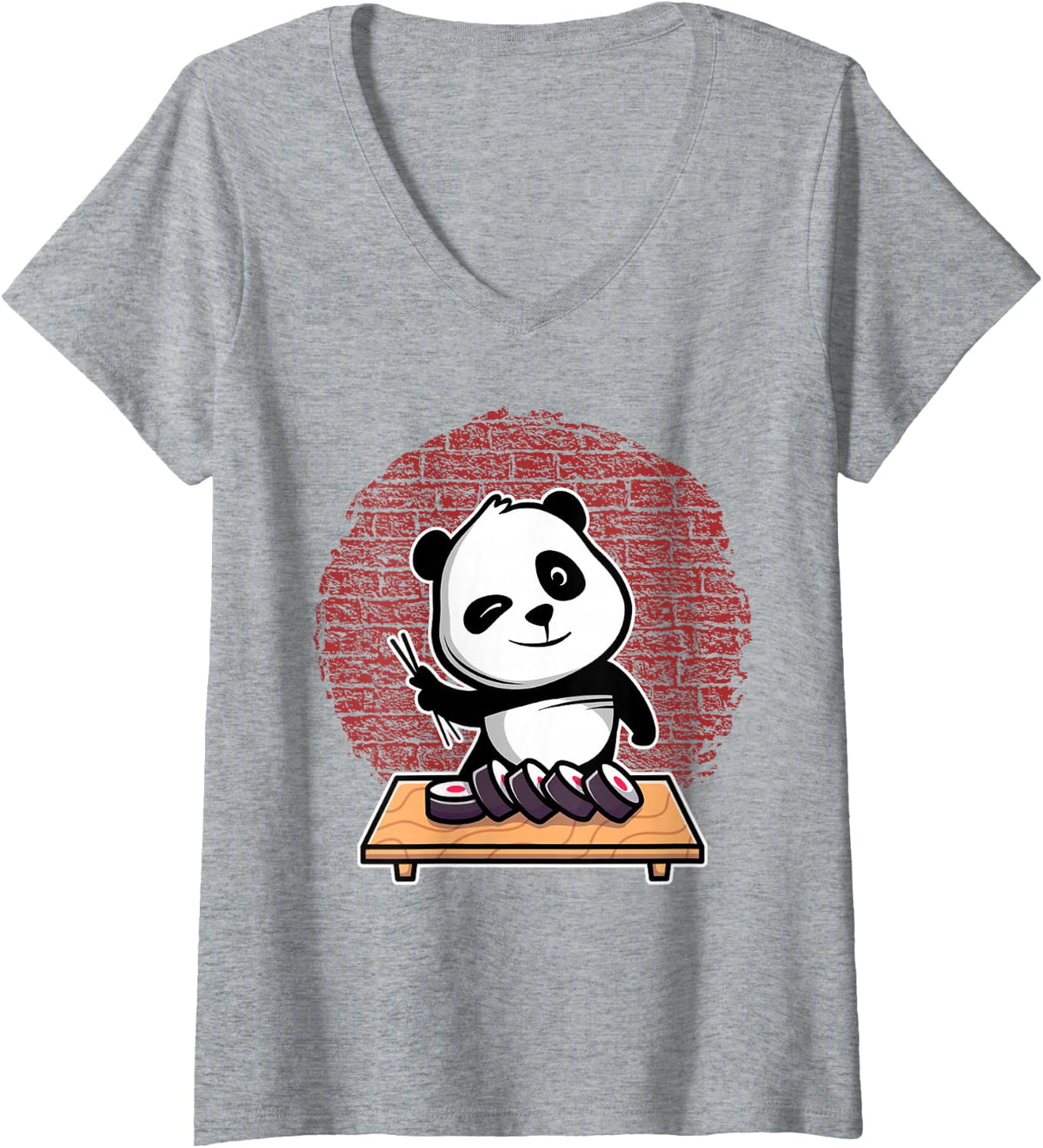 Women's Funny Panda Sushi, Japanese for Men Women, Cute Animal V-Neck T-Shirt - Heather Grey