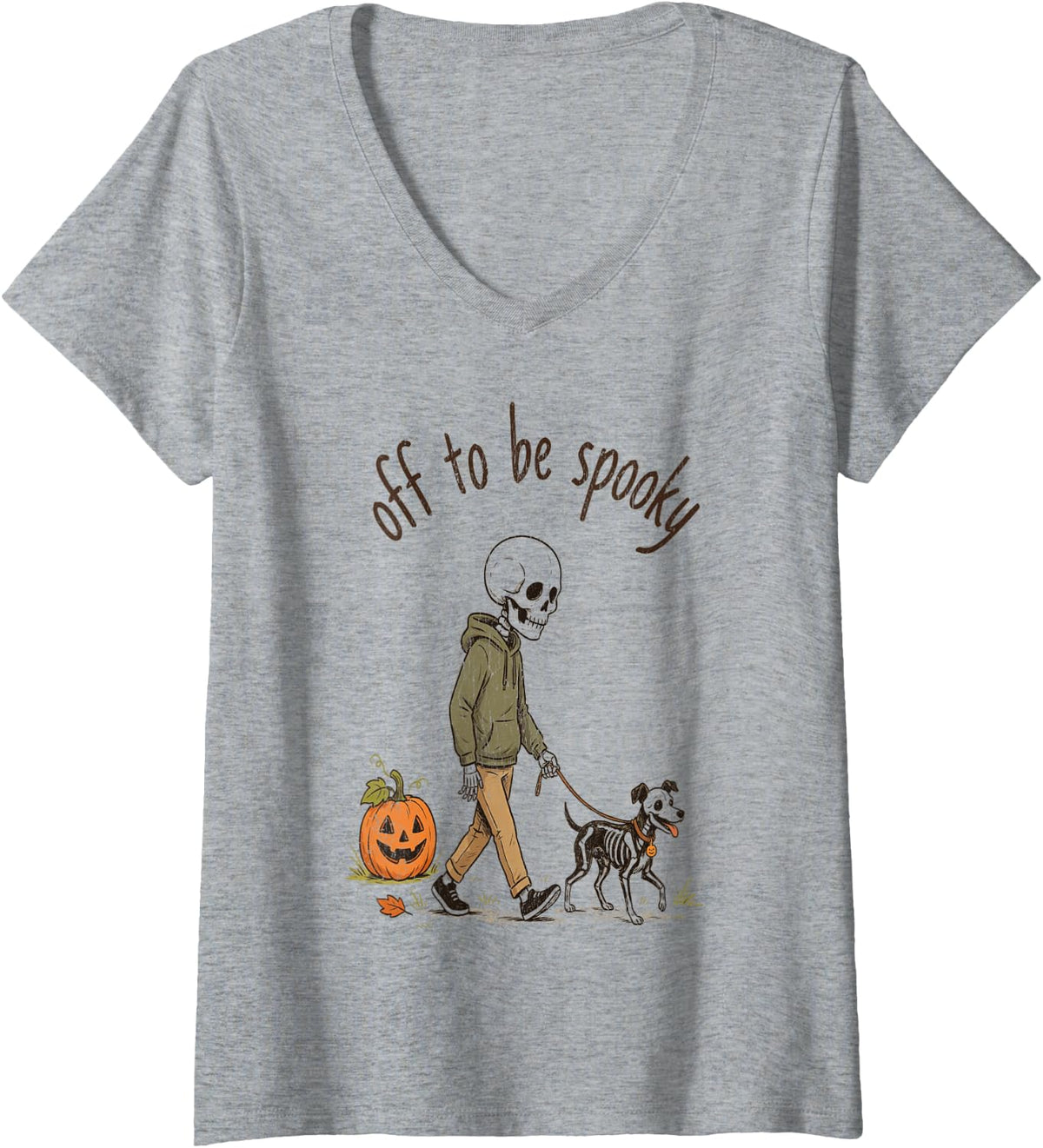 Women's of to be Spooky Season Halloween Vibes Skeleton Pumpkin Dog V-Neck T-Shirt - Heather Grey