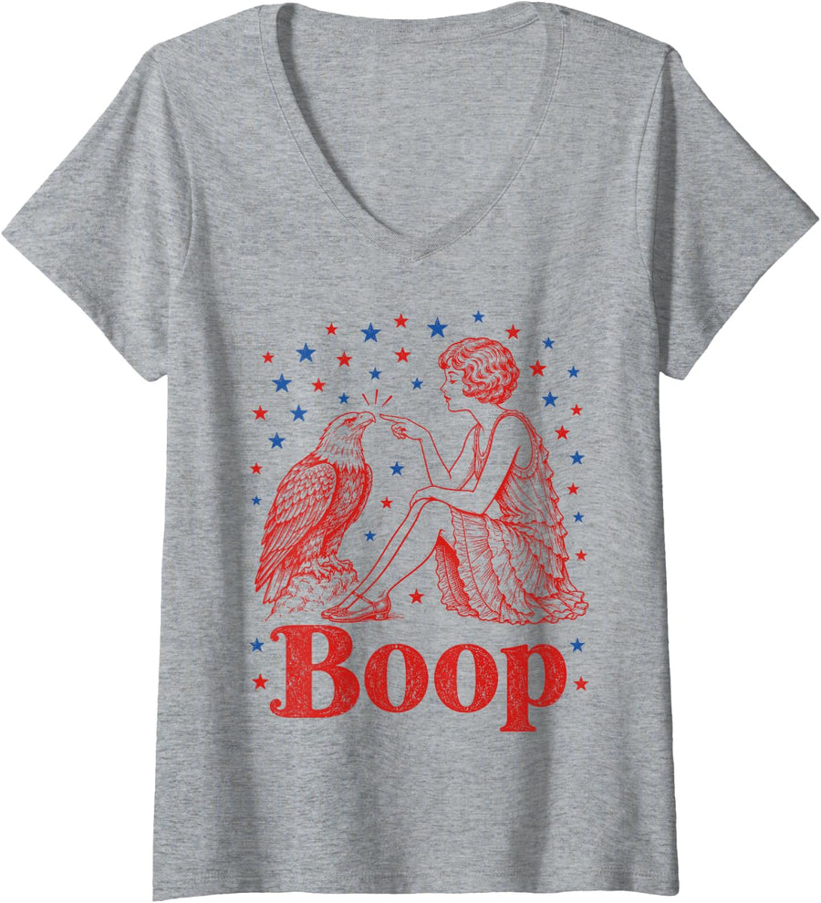 Women's Boop Vintage Girl Eagle Patriotic Retro Funny V-Neck T-Shirt - Heather Grey