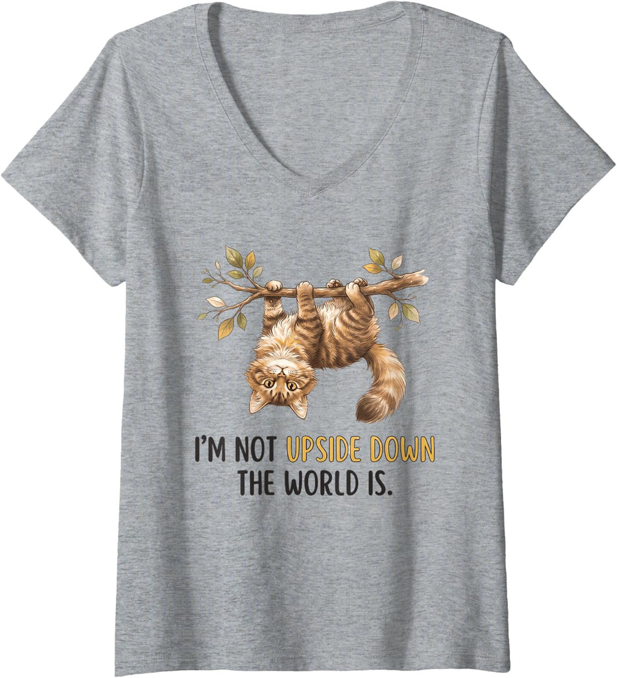 Women's Funny Cat Hanging Different Viewpoint Humor V-Neck T-Shirt - Heather Grey