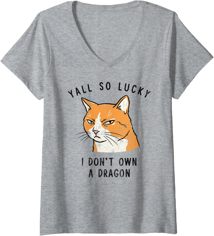Women's Orange Cat Yall So Lucky I Dont Own A Dragon Funny Pet V-Neck T-Shirt - Heather Grey
