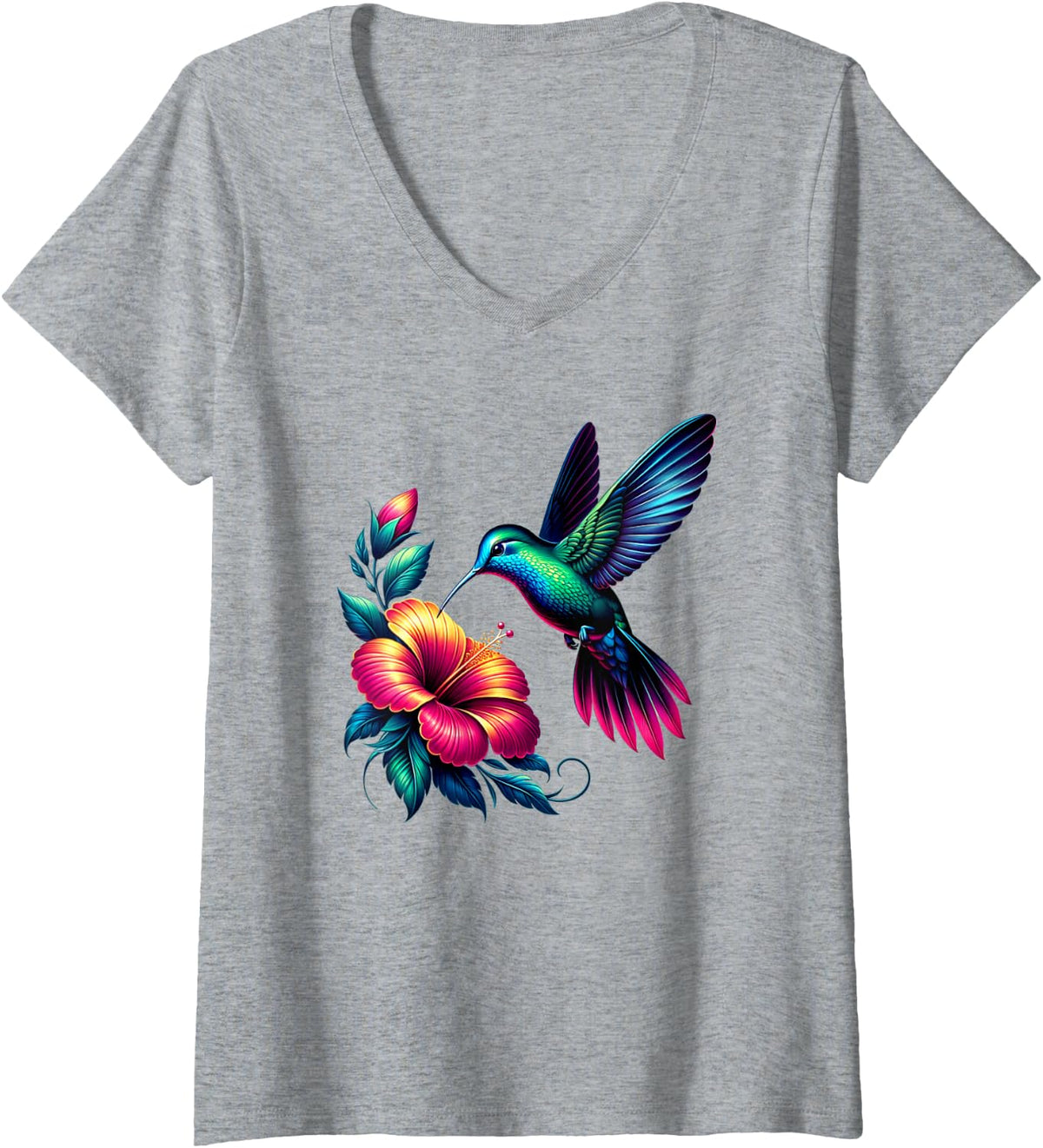 Womens Bird Hummingbird V-Neck T-Shirt - Heather Grey