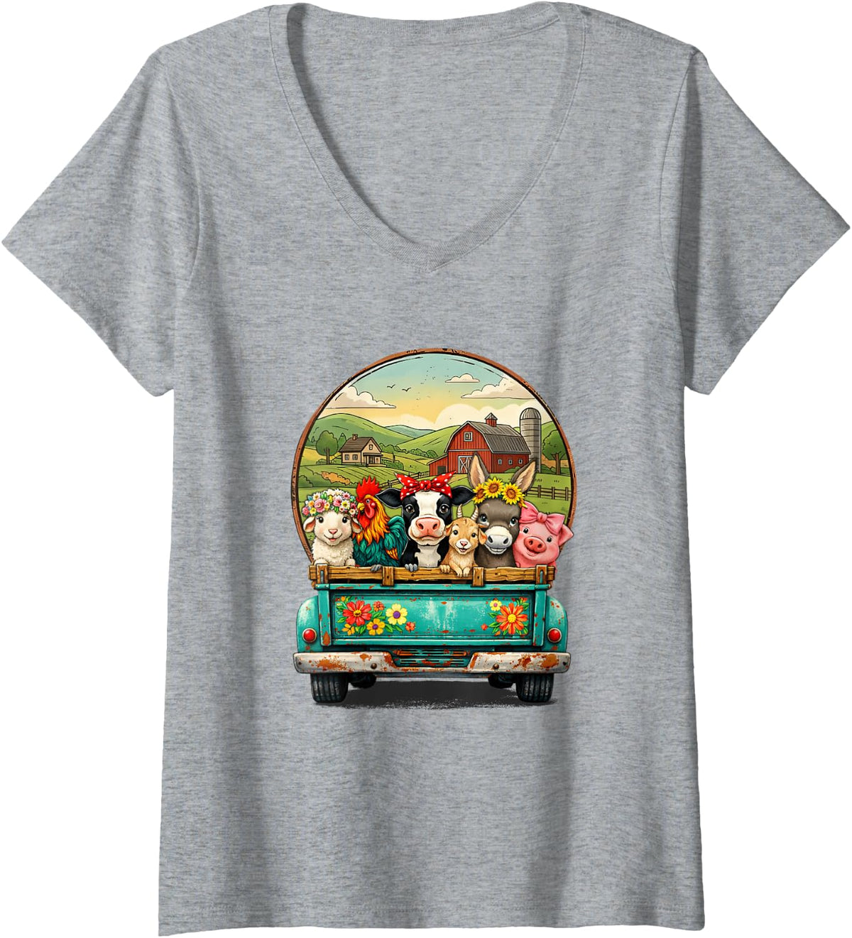 Women's Farm Animals Turquoise Pickup Truck Country Life Farmer Wife V-Neck T-Shirt - Heather Grey
