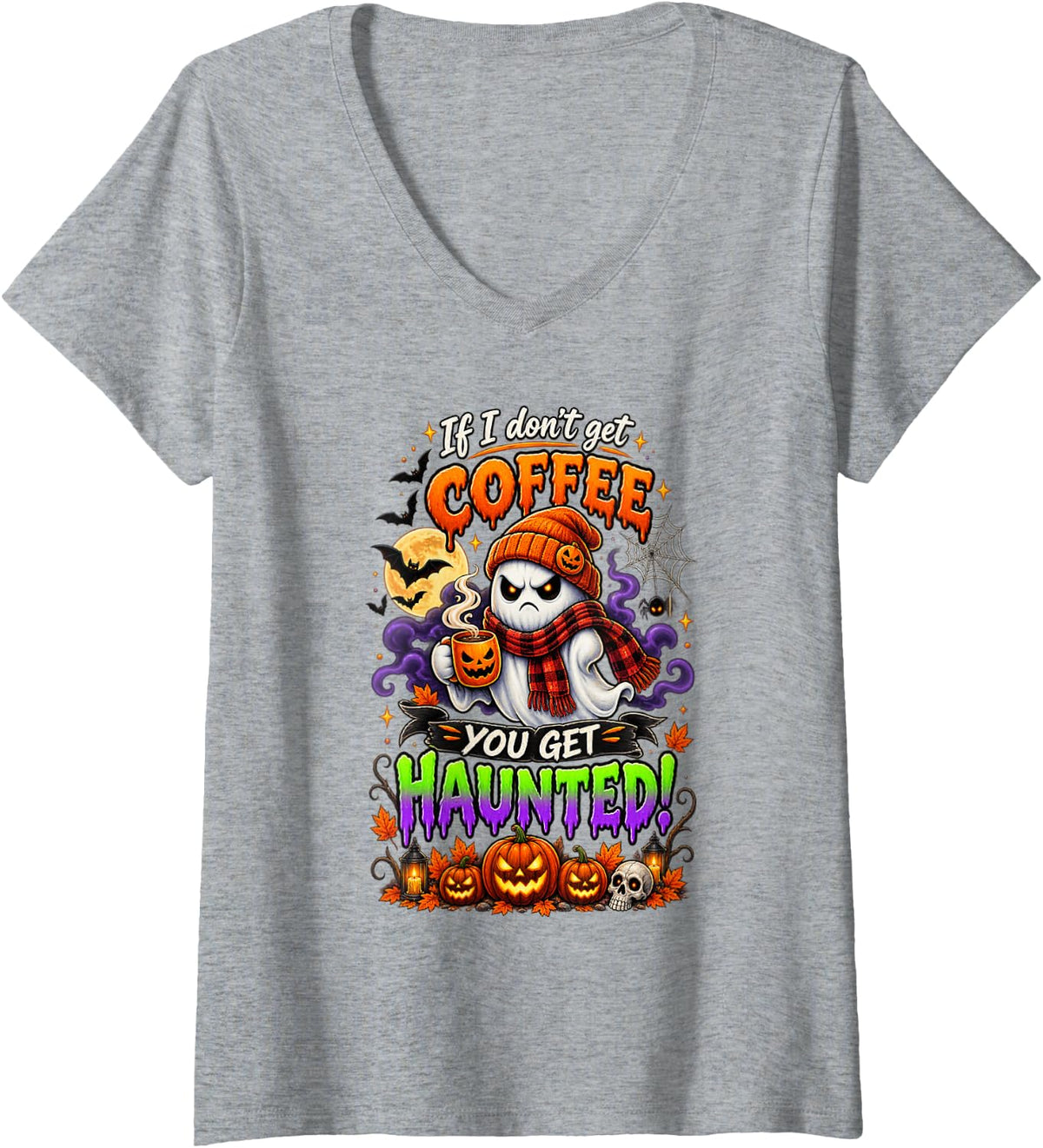 Women's If I Dont Get Coffee You Get Haunted Spooky Season Pumpkin V-Neck T-Shirt - Heather Grey