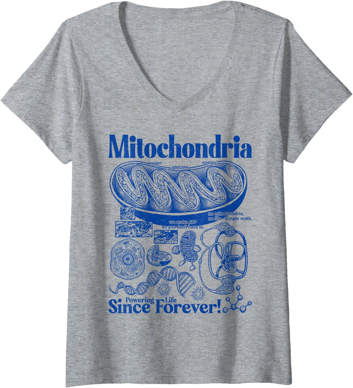 Women's Vintage Mitochondria Powering Life Since Forever Science V-Neck T-Shirt - Heather Grey