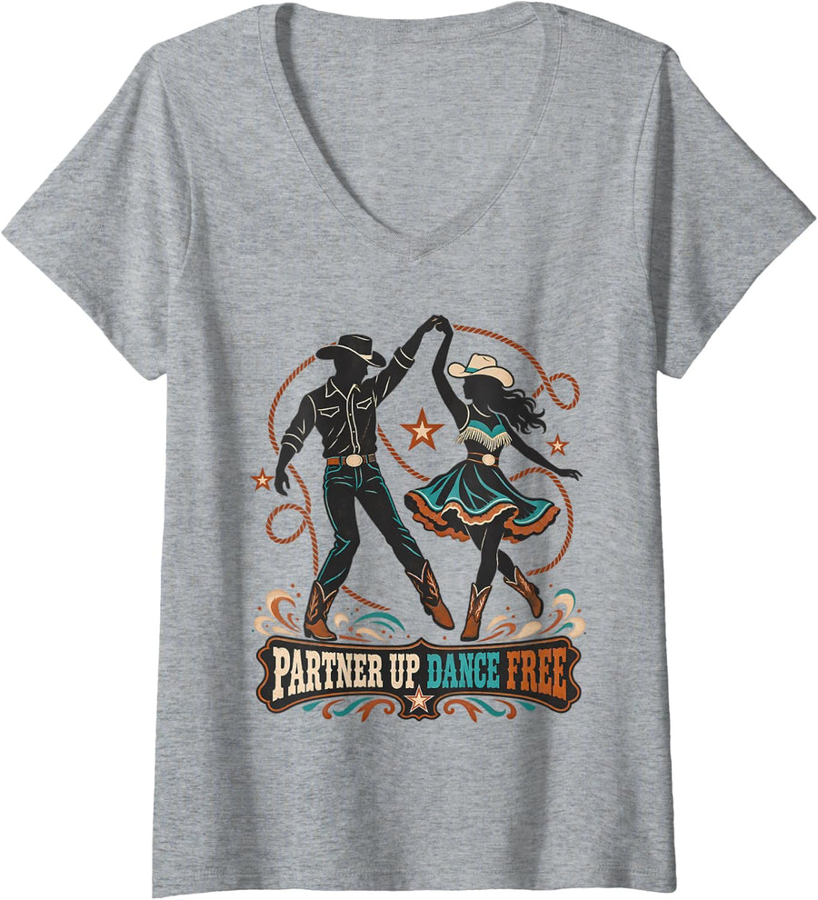Women's Partner Up Dance Free Line Dance Western Couple V-Neck T-Shirt - Heather Grey