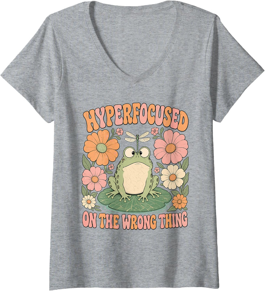 Women's Hyperfocused On The Wrong Thing ADHD Frog Groovy V-Neck T-Shirt - Heather Grey