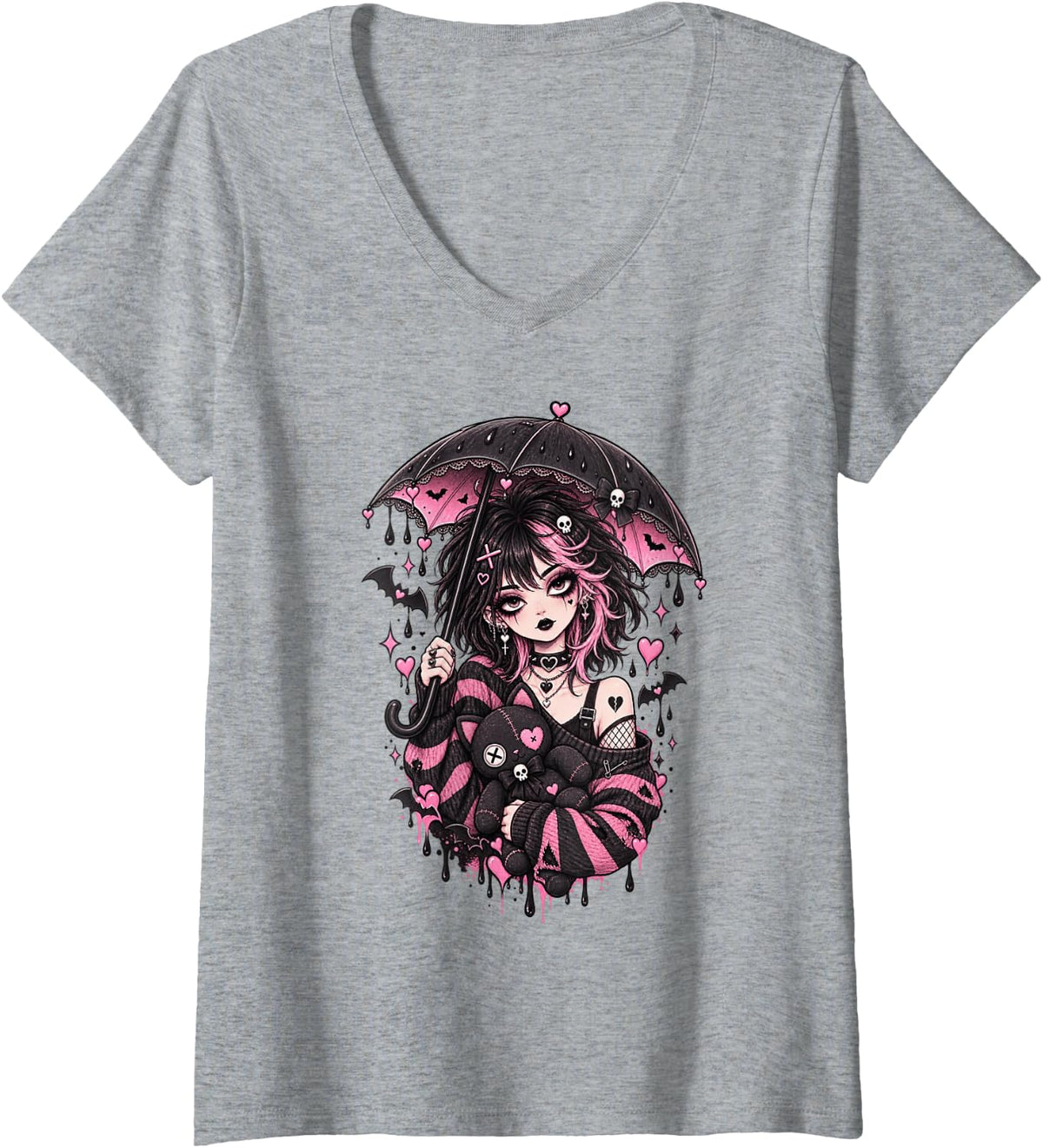 Women's Pastel Goth Girl Black Cat Creepy Cute Alternative Gothic V-Neck T-Shirt - Heather Grey
