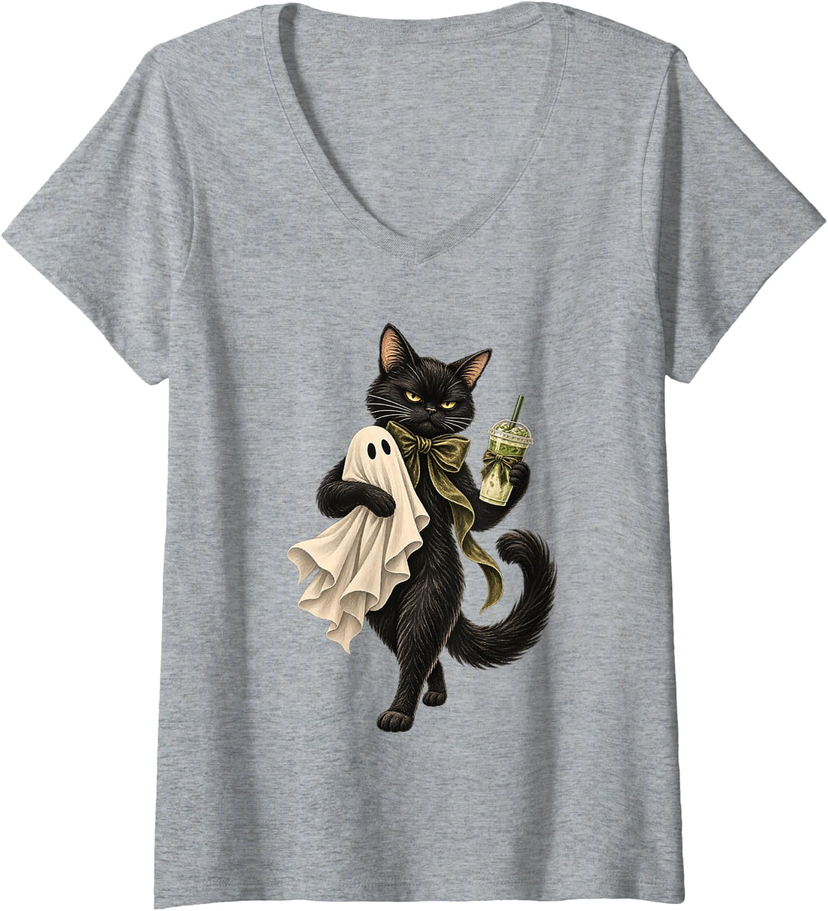 Women's Black Cat Holding Ghost Matcha Latte Spooky Halloween V-Neck T-Shirt - Heather Grey