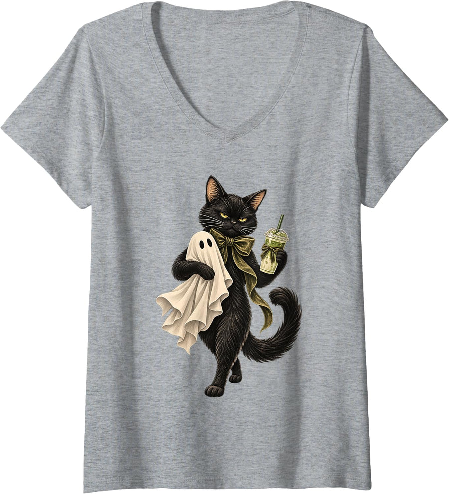 Women's Black Cat Holding Ghost Matcha Latte Spooky Halloween V-Neck T-Shirt - Heather Grey