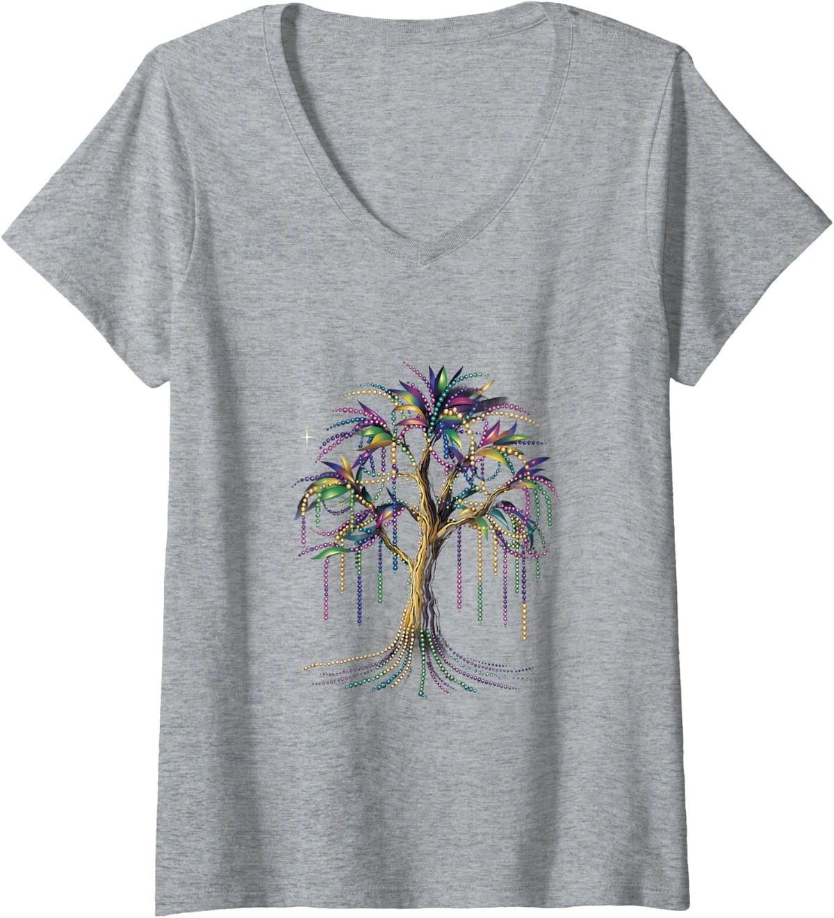 Women's Mardi Gras Tree Mardi Gras Beads Carnival Street Parade V-Neck T-Shirt - Heather Grey