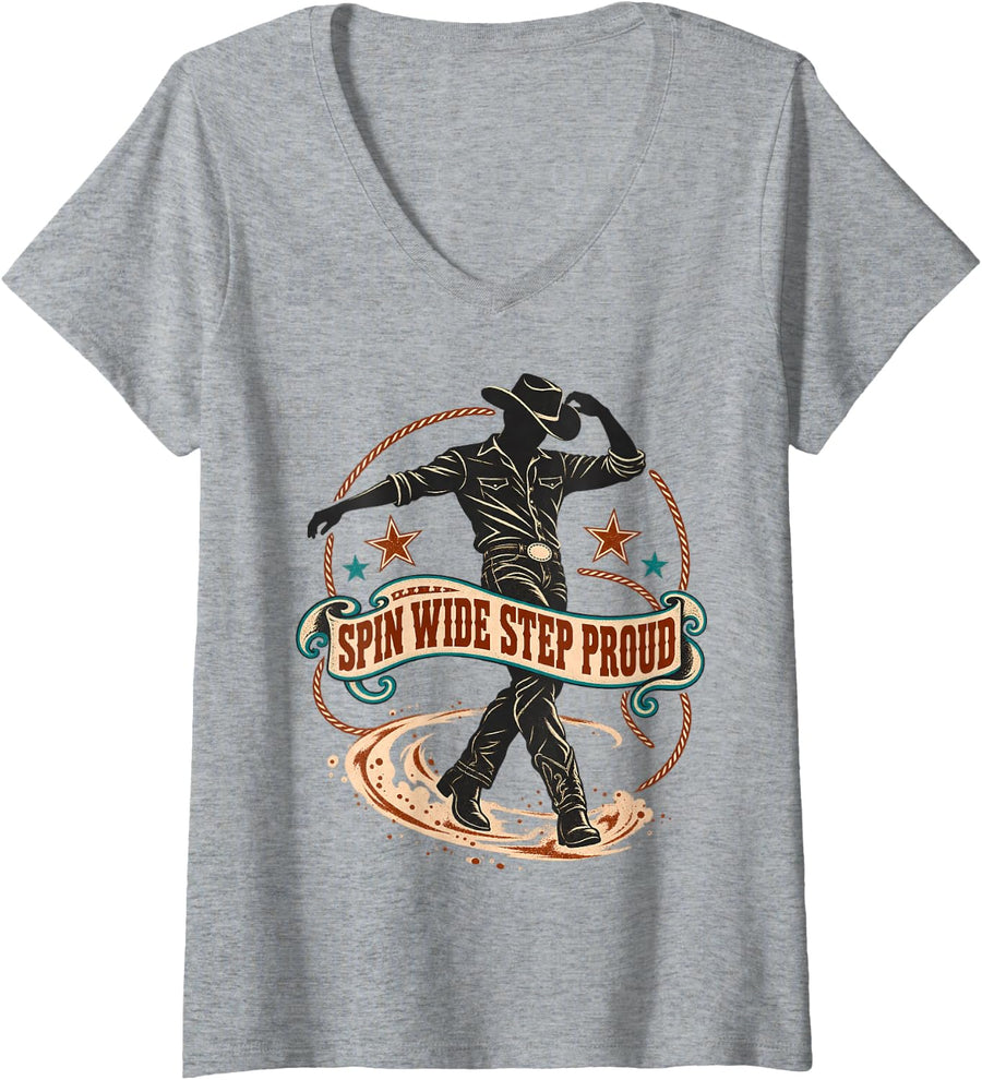 Women's Spin Wide Step Proud Line Dance Western Cowboy V-Neck T-Shirt - Heather Grey