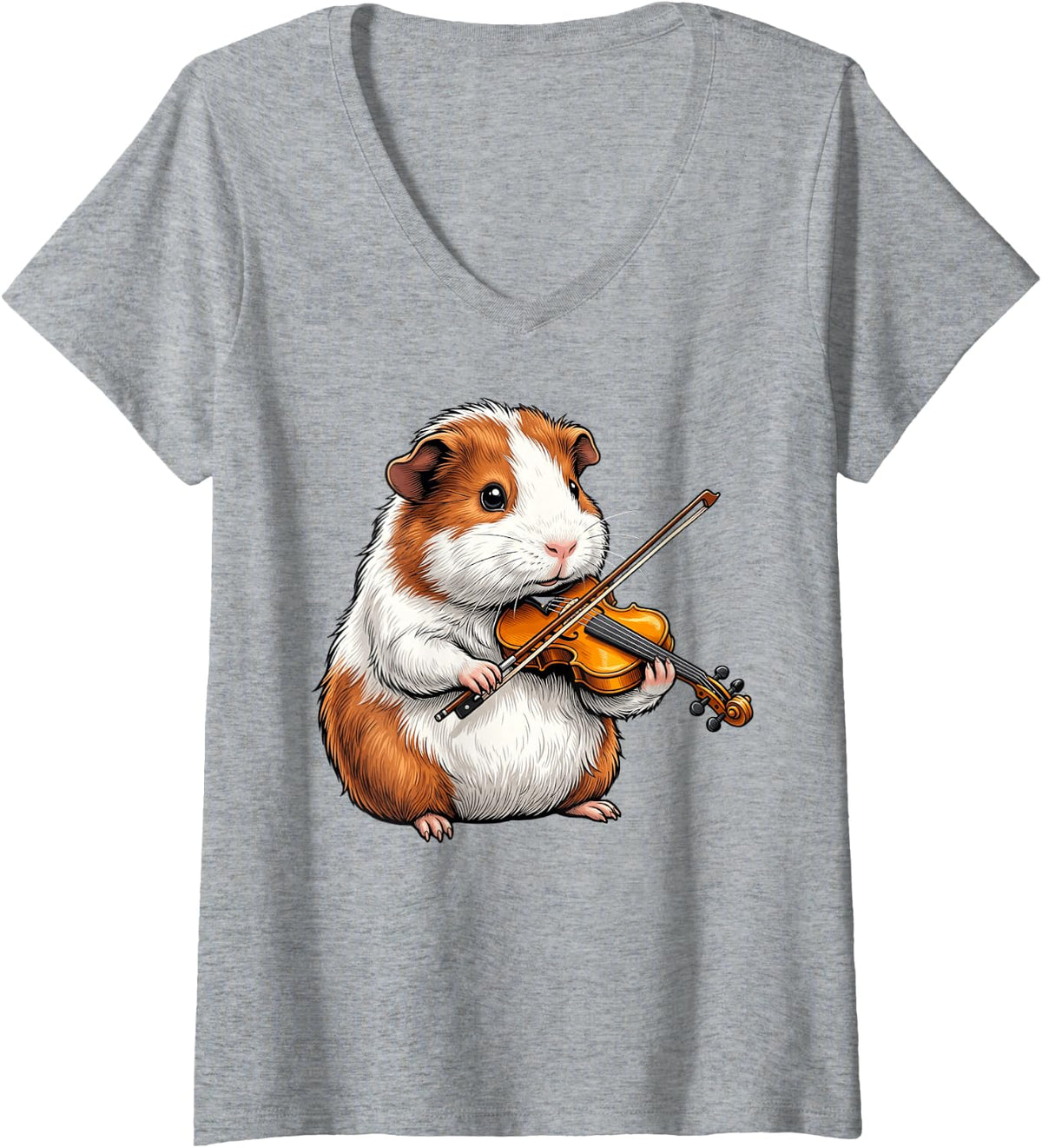 Women's Cute Guinea Pig Playing Violin Funny Violinist Music Lover V-Neck T-Shirt - Heather Grey