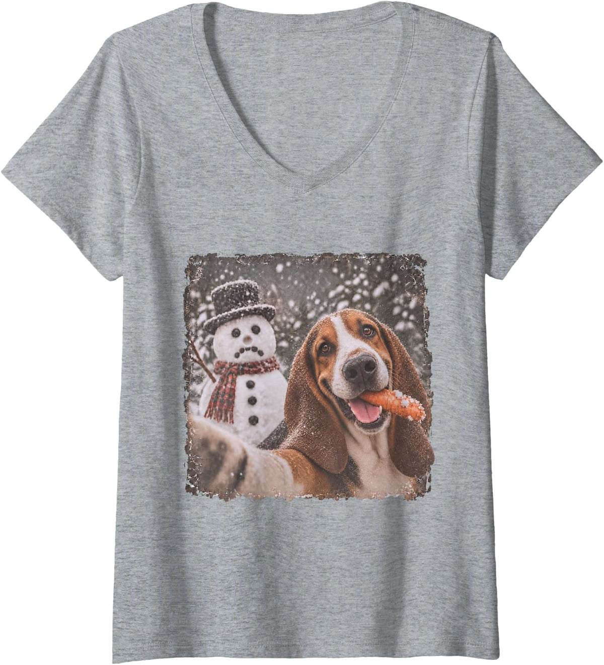 Women's Basset Hound Christmas Selfie Stole the Snowman’s Nose V-Neck T-Shirt - Heather Grey