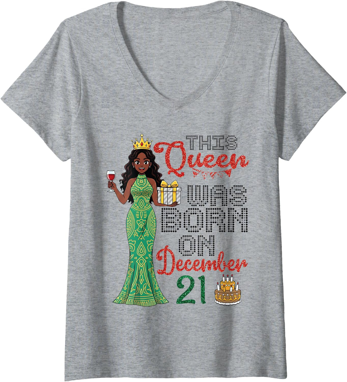 Women's This Queen was Born On December 21 Happy Birthday to Me Girl V-Neck T-Shirt - Heather Grey