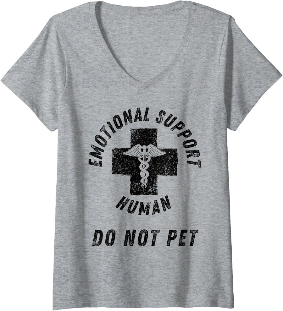 Womens Emotional Support Human Do Not Pet - Service Dog Love Humor V-Neck T-Shirt - Heather Grey