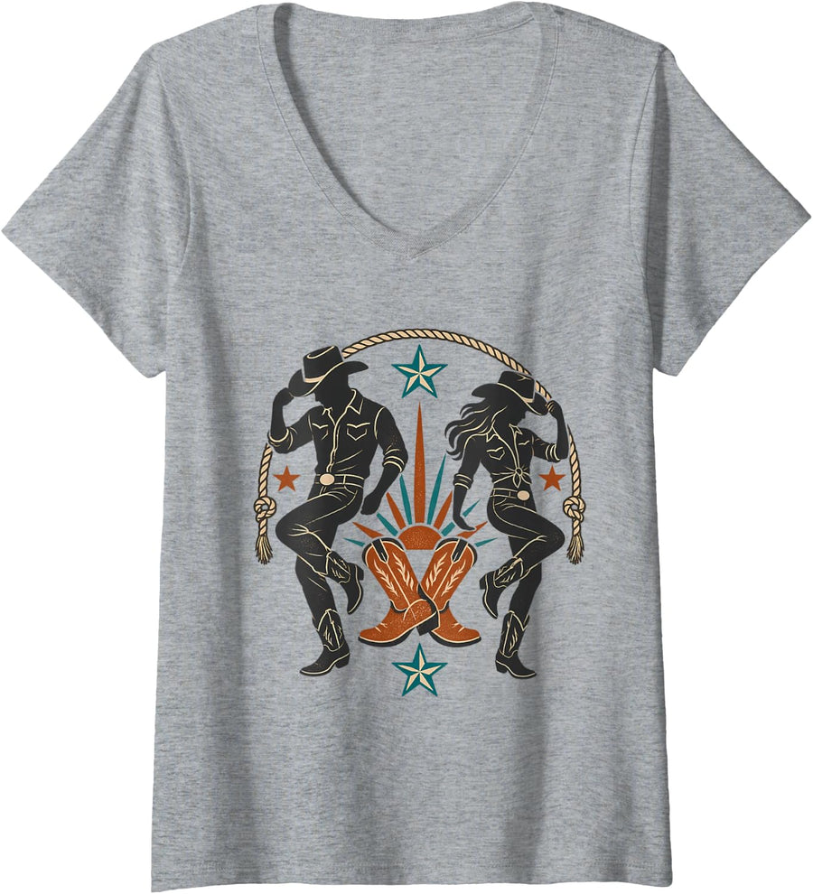 Women's Cowboy Cowgirl Line Dance Western Dance V-Neck T-Shirt - Heather Grey