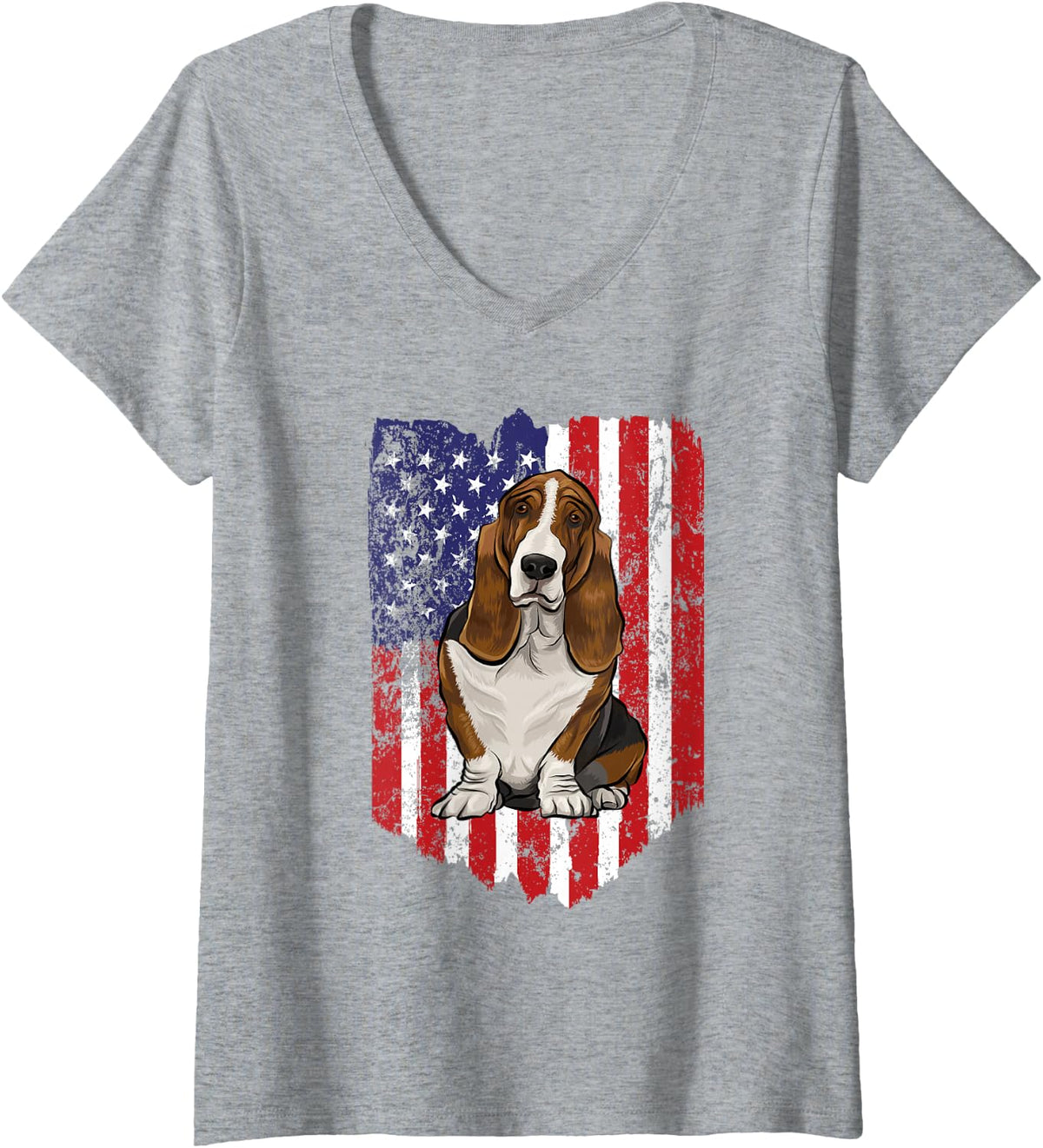 Women's American Flag Basset Hound USA V-Neck T-Shirt - Heather Grey