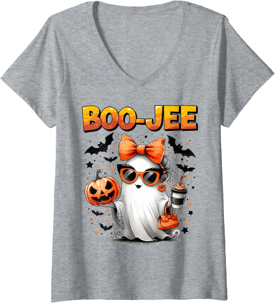 Womens Funny Boo-Jee Ghost Halloween Boo Jee Ghost Spooky Season V-Neck T-Shirt - Heather Grey