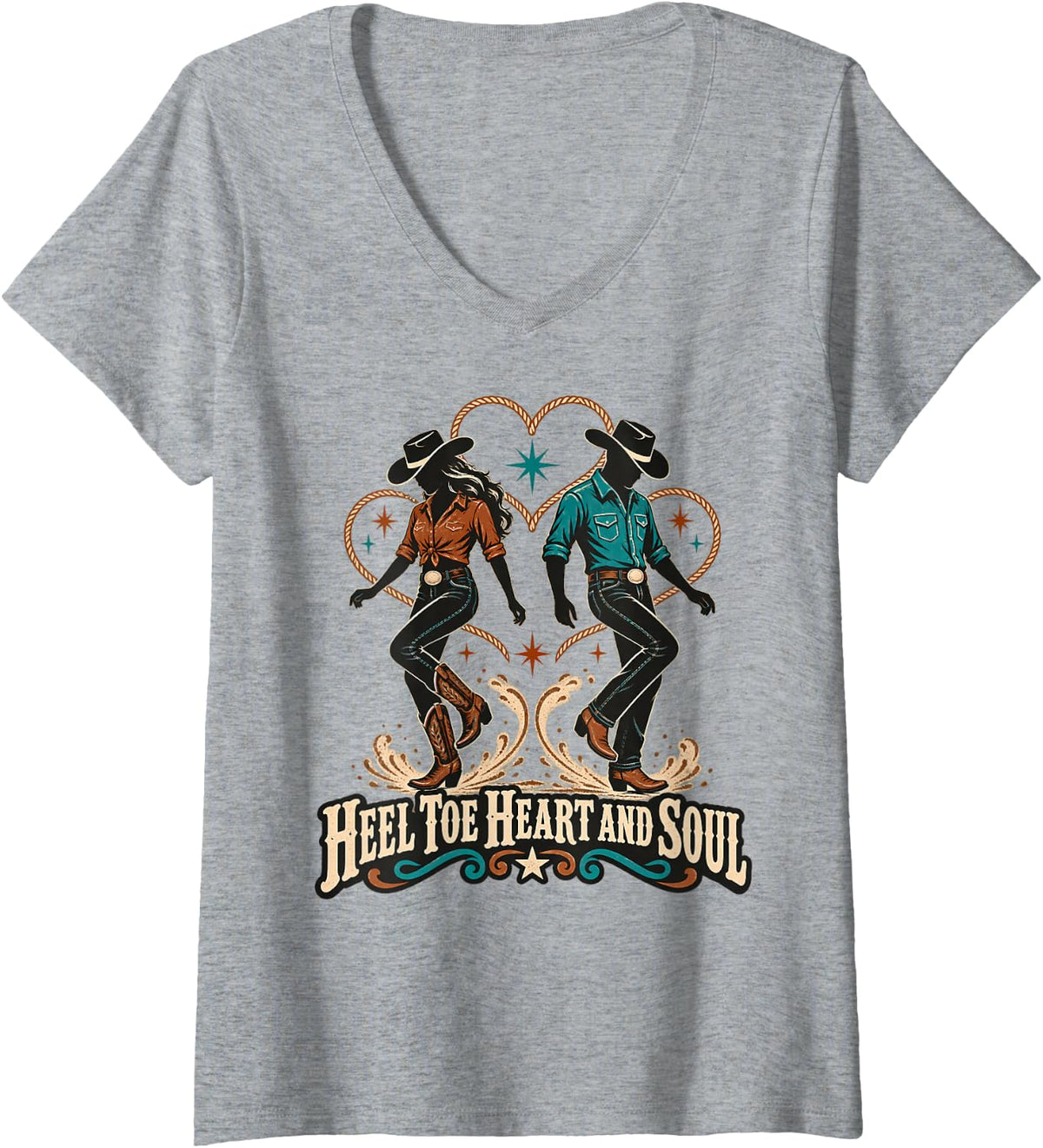 Women's Heel Toe Heart and Soul Country Line Dance V-Neck T-Shirt - Heather Grey