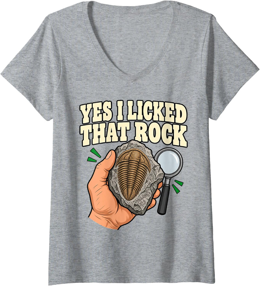 Women's Paleontology Yes I Licked that Rock Trilobite Hunter Funny V-Neck T-Shirt - Heather Grey