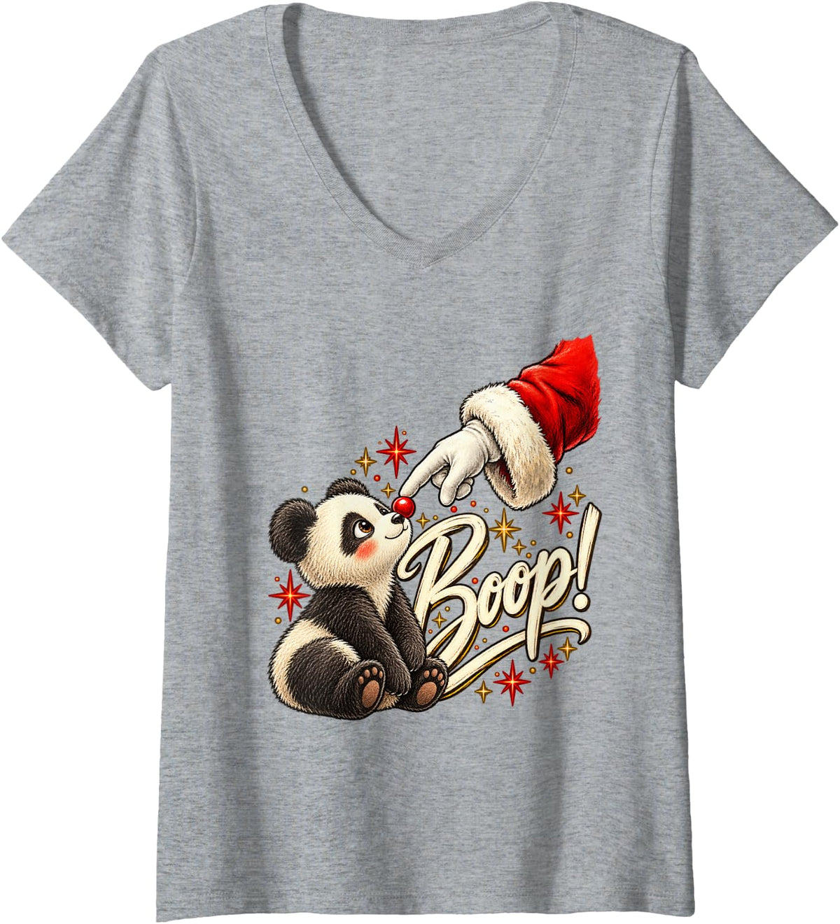Women's Boop! Panda Happy Santa Christmas Red Nose Men Women V-Neck T-Shirt - Heather Grey