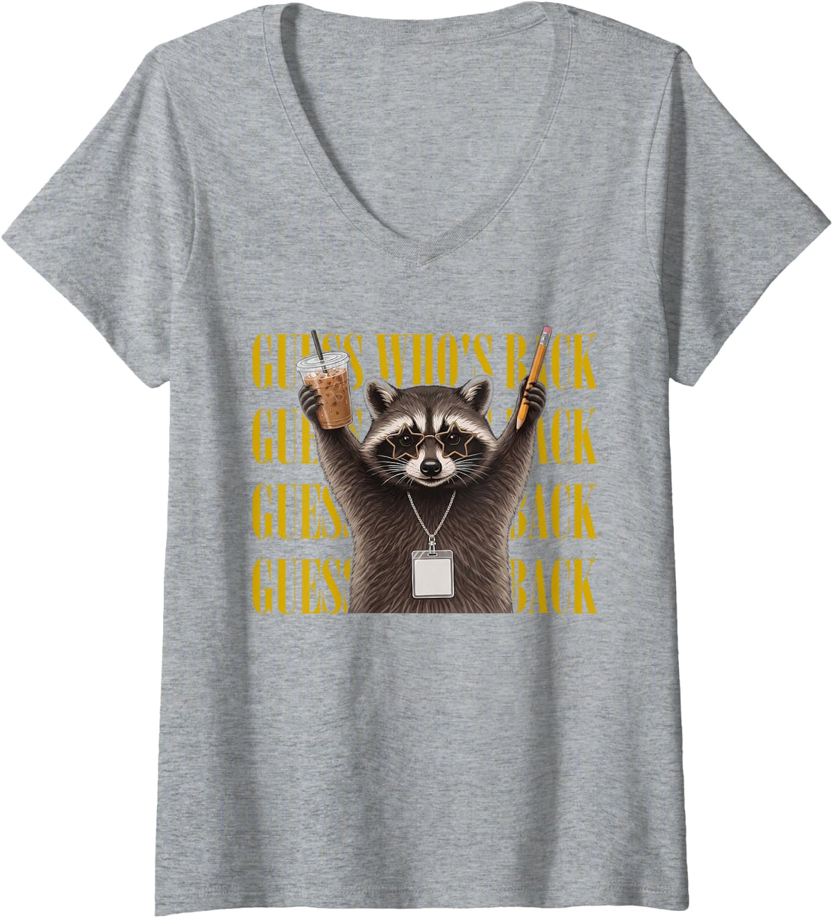 Women's Raccoon Guess Who's Back Funny Back to School Teacher V-Neck T-Shirt - Heather Grey