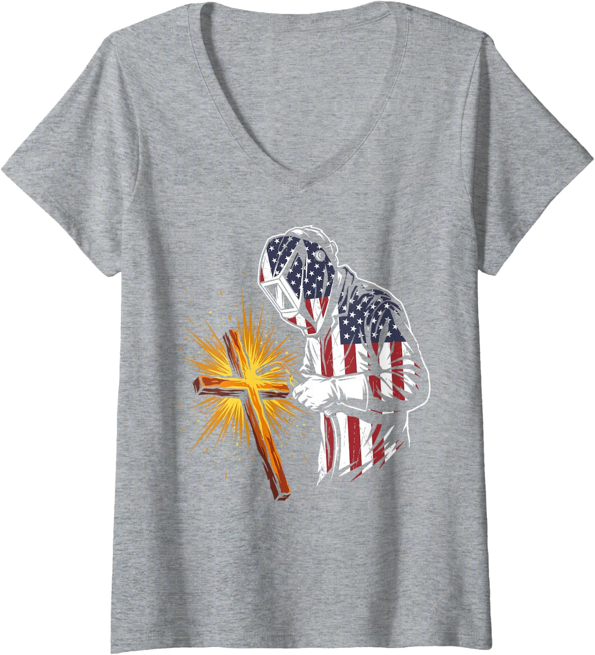 Women's US American Flag Cross Christian Welder Welding Metal Weld V-Neck T-Shirt - Heather Grey