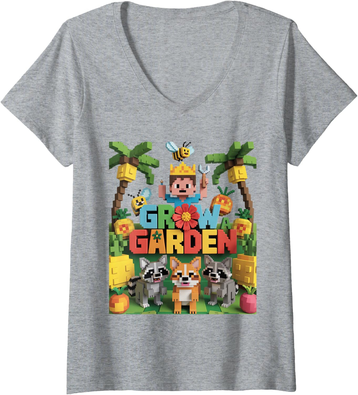 Women's Grow a Garden – Pixel Animal Farm Adventure V-Neck T-Shirt - Heather Grey
