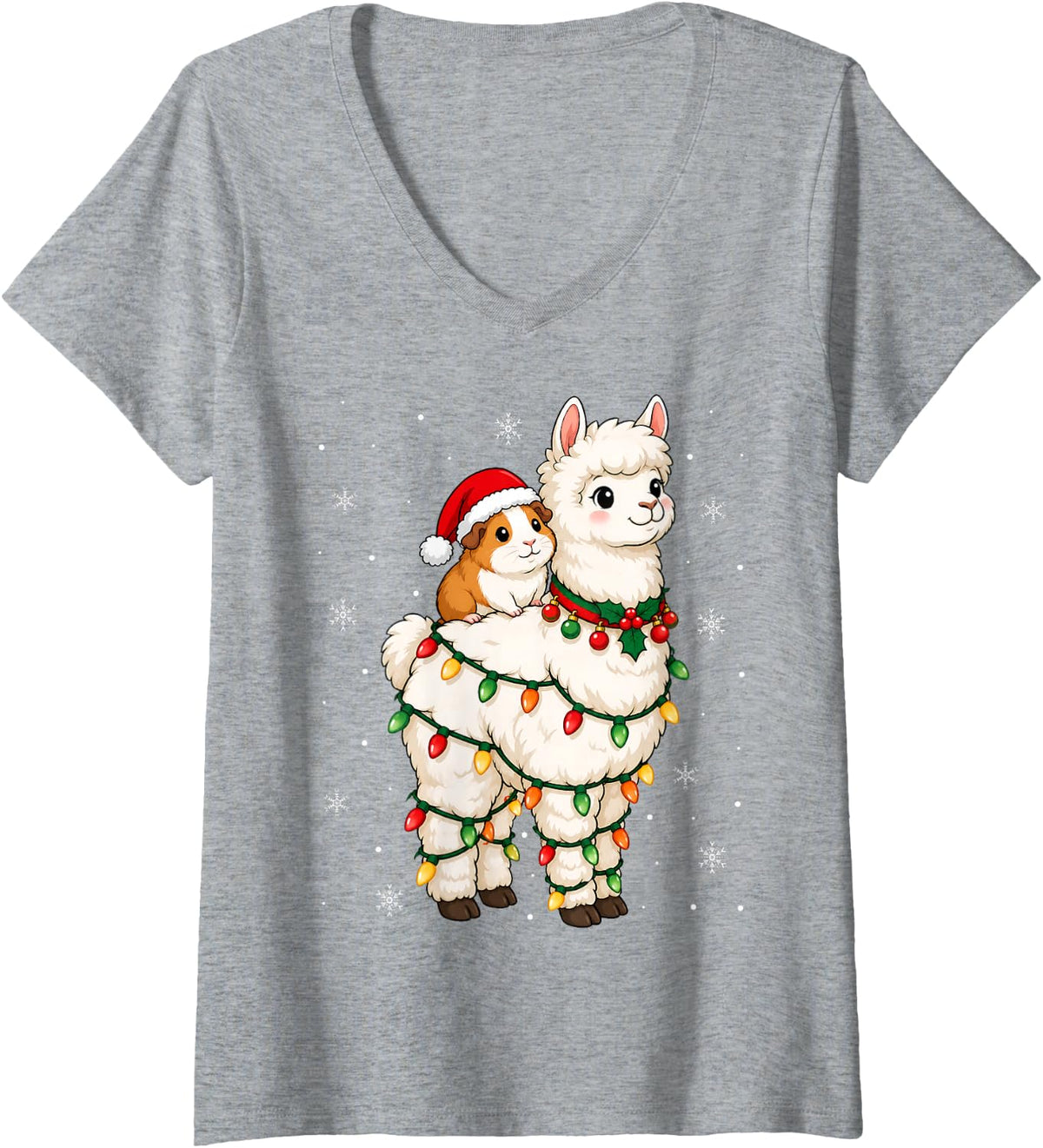 Women's Festive Santa Guinea Pig Alpaca Christmas Lights Holiday V-Neck T-Shirt - Heather Grey
