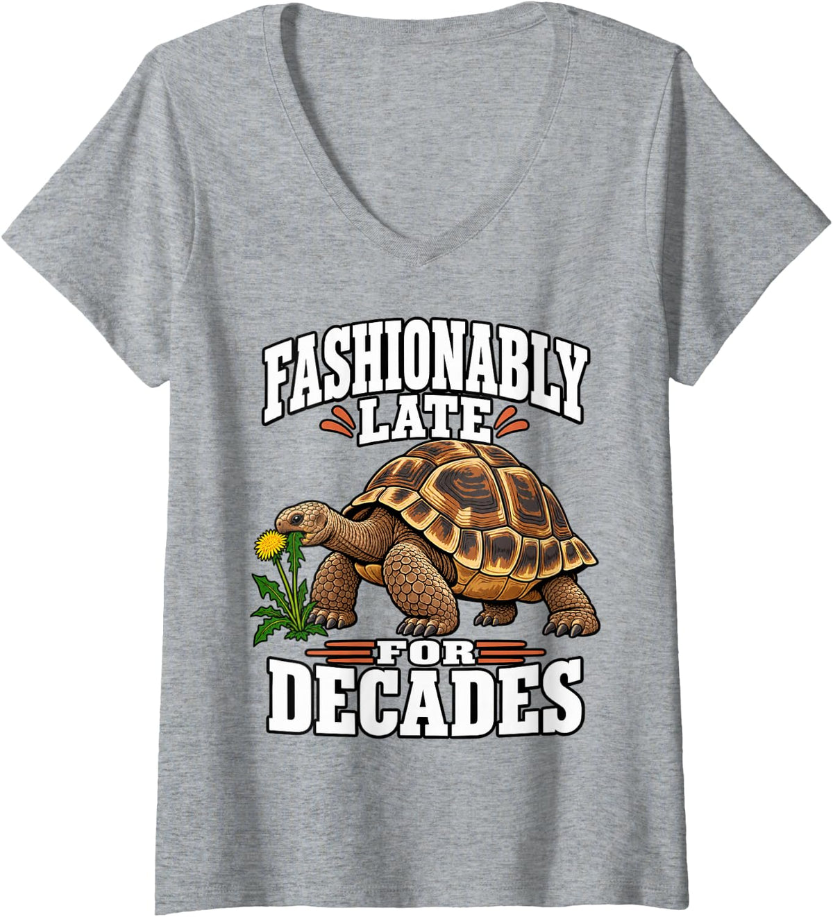 Women's Tortoise Fashionably Late for Decades Turtle Lover Sulcata V-Neck T-Shirt - Heather Grey