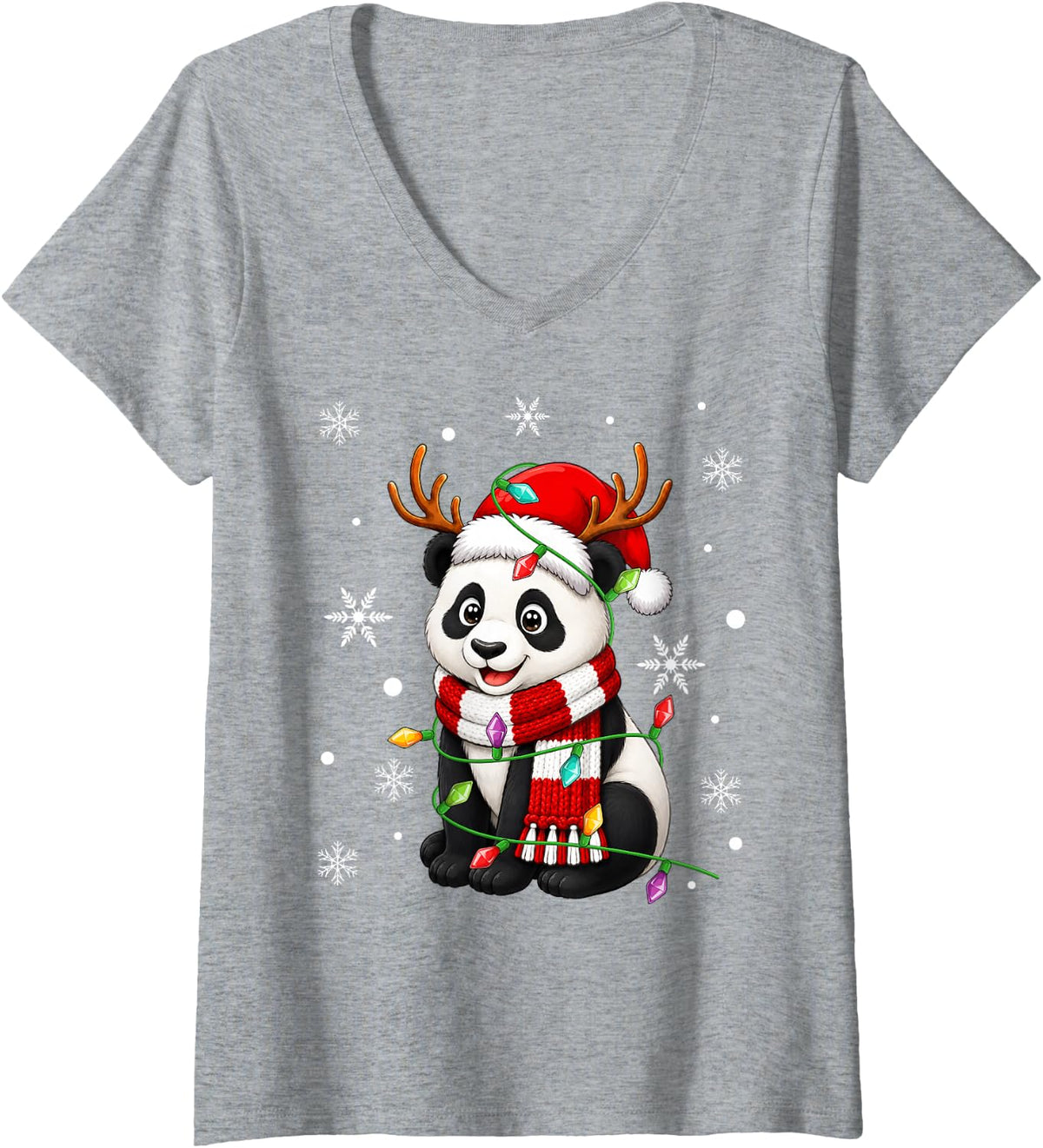 Women's Panda Christmas Lights Santa Hat Scarf Festive Panda Xmas V-Neck T-Shirt - Heather Grey