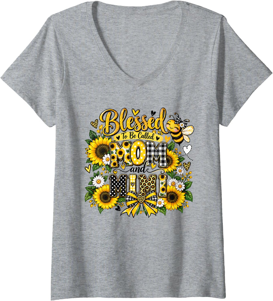 Women's Proud Mother Bless to Be Called Mom and Mimi Mother's Day V-Neck T-Shirt - Heather Grey