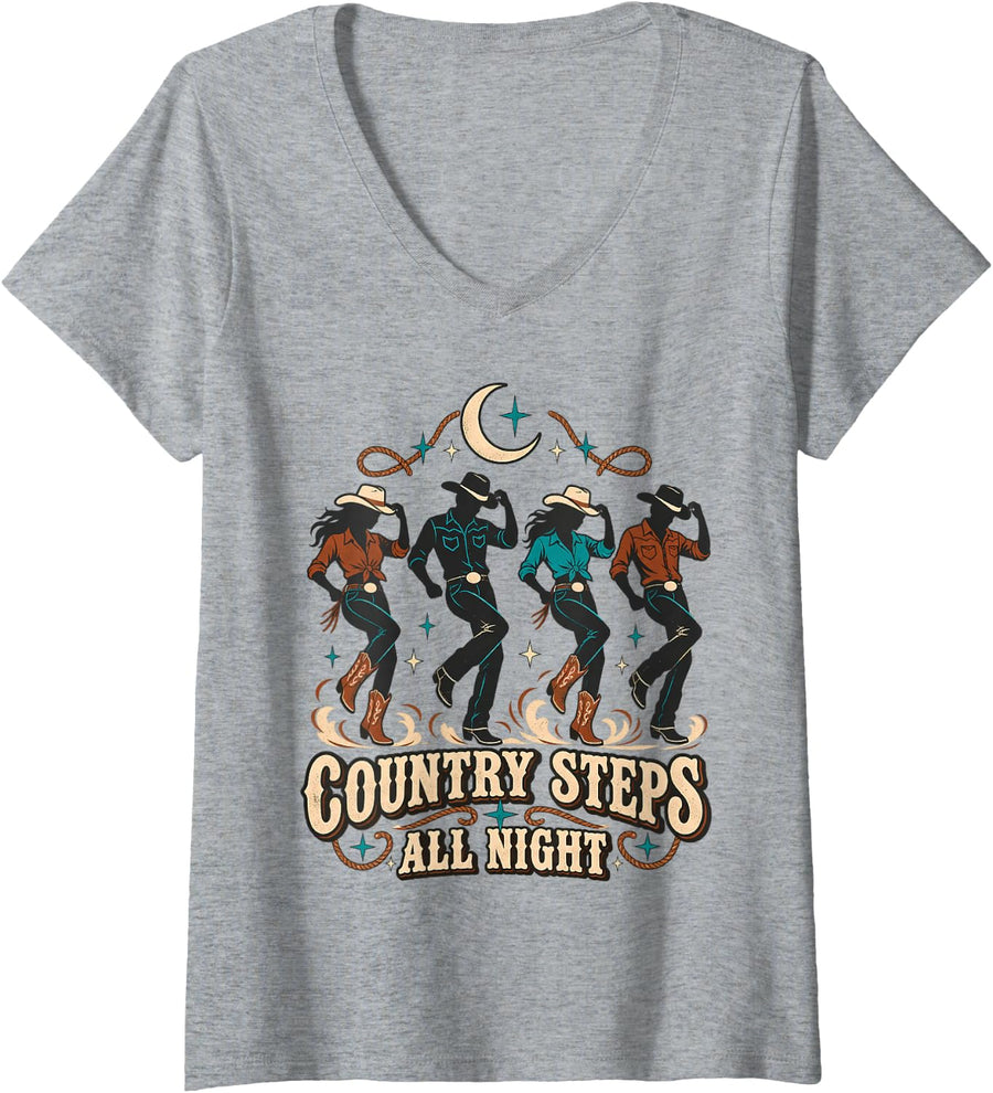Women's Country Steps All Night Line Dance Western Dance V-Neck T-Shirt - Heather Grey