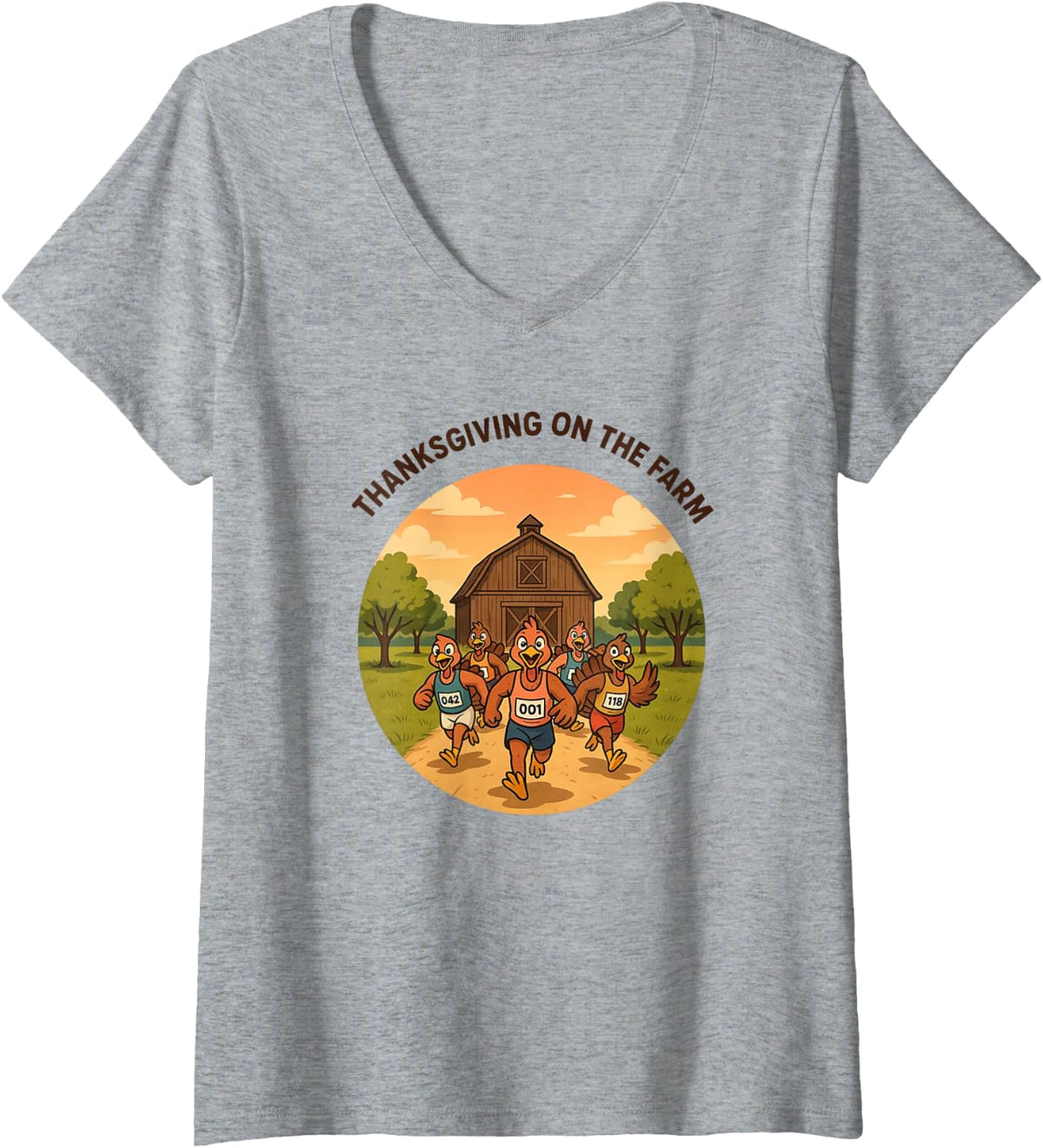 Women's Fun Thanksgiving Turkey Trot on the Farm Design V-Neck T-Shirt - Heather Grey