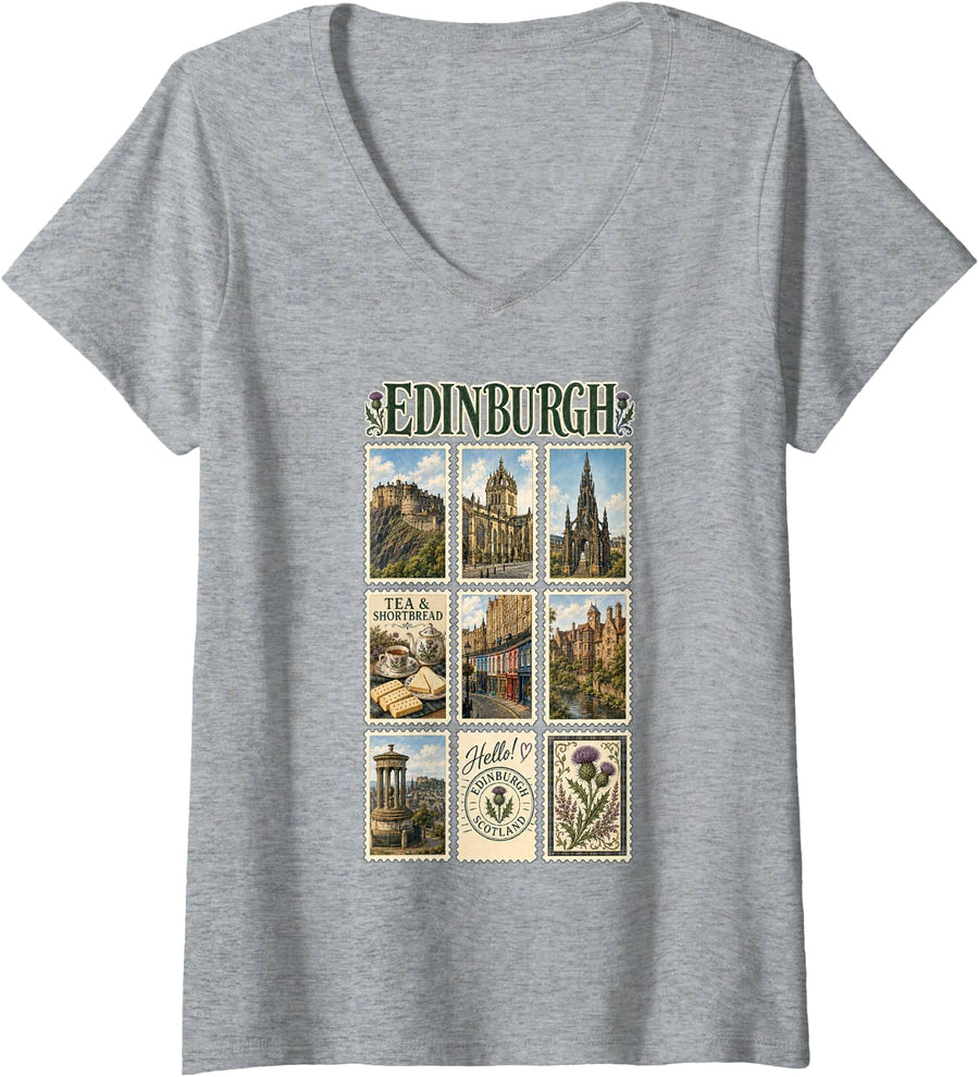 Women's Edinburgh Scotland Travel Vintage Scottish Heritage Vacation V-Neck T-Shirt - Heather Grey