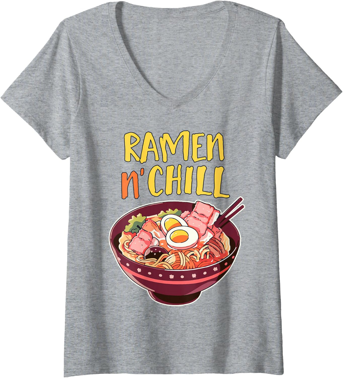Women's Ramen N Chill Kawaii Japanese Noodle Food Lover Otaku Funny V-Neck T-Shirt - Heather Grey