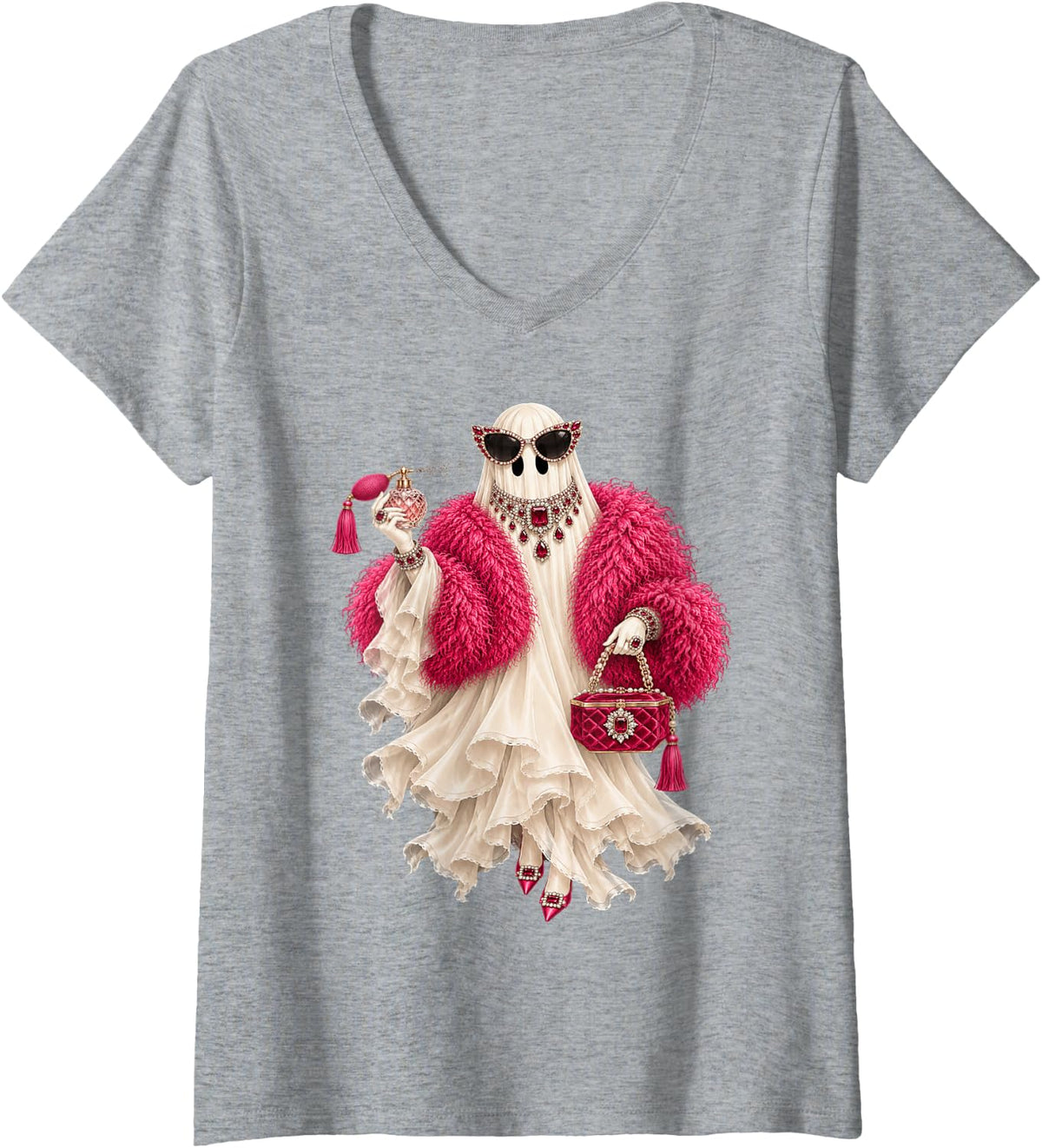 Women's Spooky Season Glam Ghost Luxury Women Halloween V-Neck T-Shirt - Heather Grey