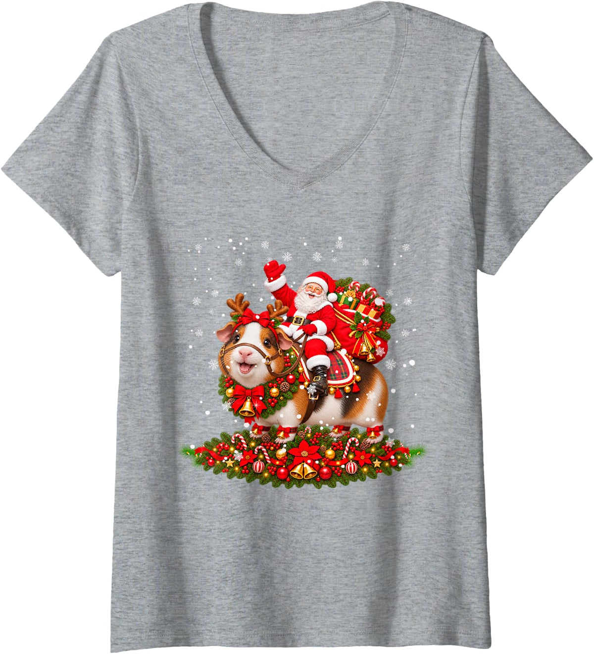 Women's Xmas Decor Funny Santa Riding Guinea Pig Christmas V-Neck T-Shirt - Heather Grey