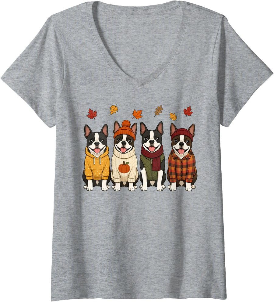 Women's Boston Terrier Fall Autumn Season Pumpkin Dog V-Neck T-Shirt - Heather Grey