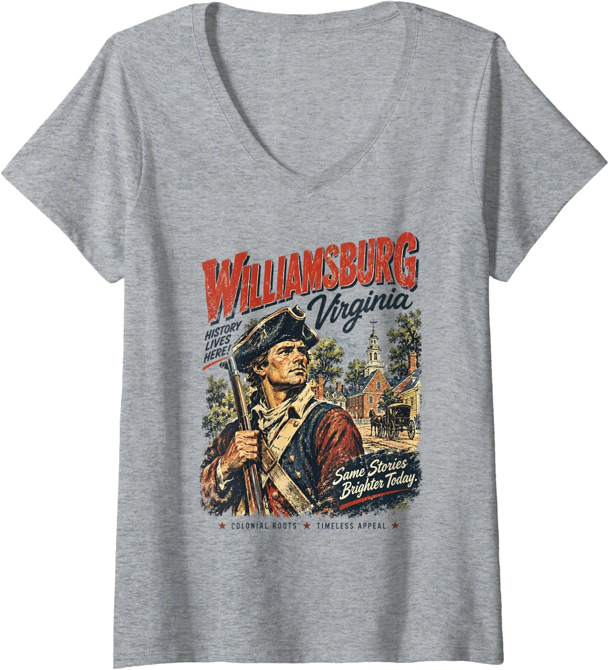 Women's Williamsburg Virginia | History Lives Here Retro Travel V-Neck T-Shirt - Heather Grey