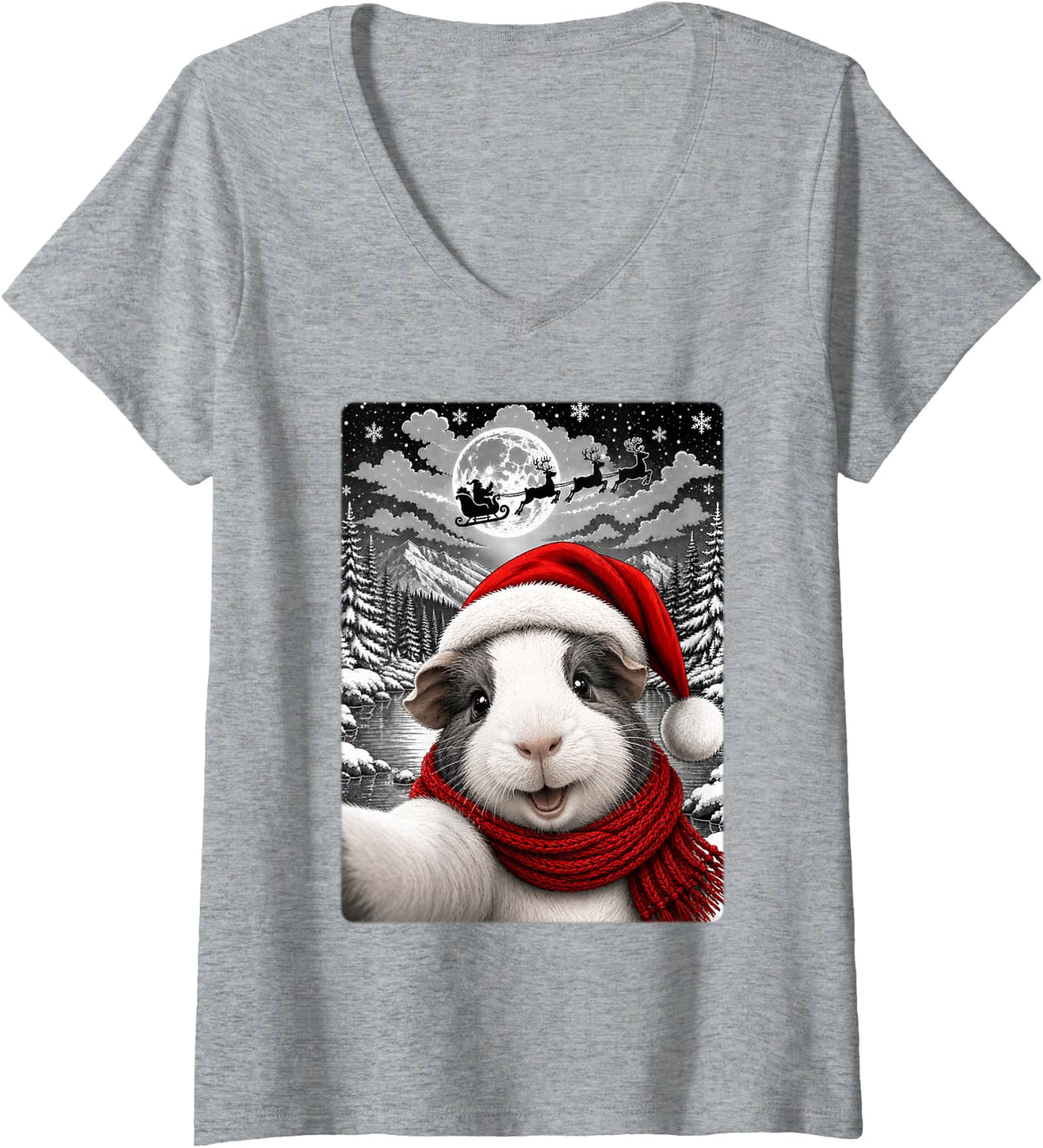 Women's Festive Santa Hat Cutie Guinea Pig Christmas Selfie Fun V-Neck T-Shirt - Heather Grey