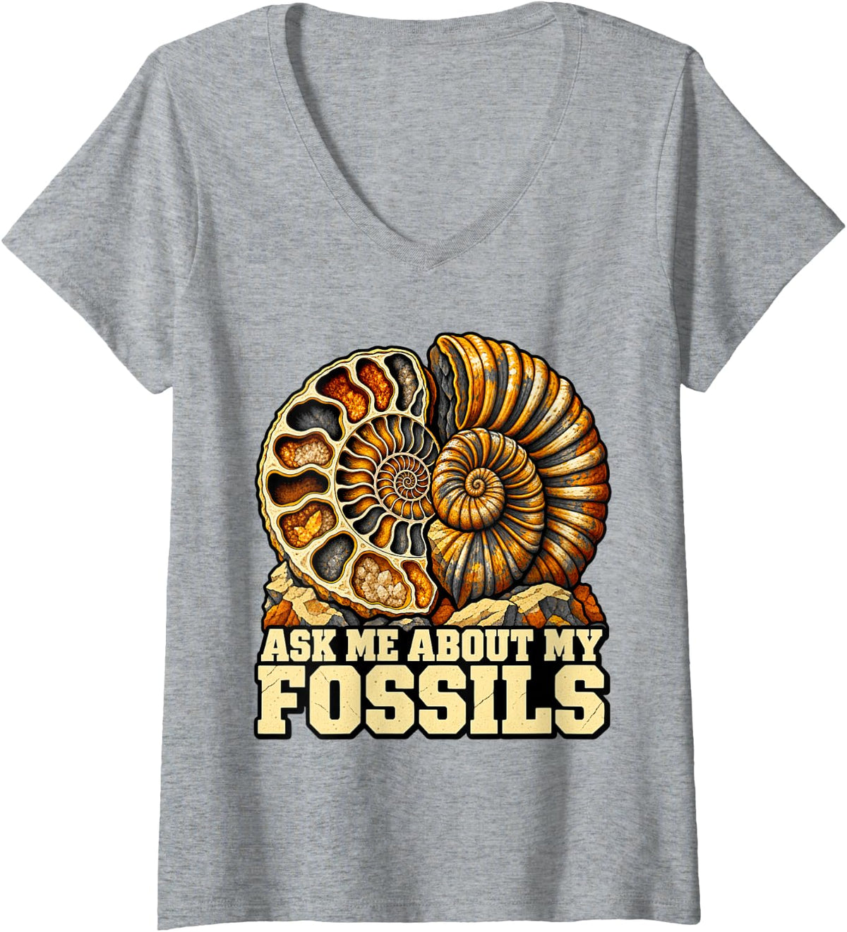 Women's Paleontology Ask Me About My Fossils Hunter Ammonite Fans V-Neck T-Shirt - Heather Grey