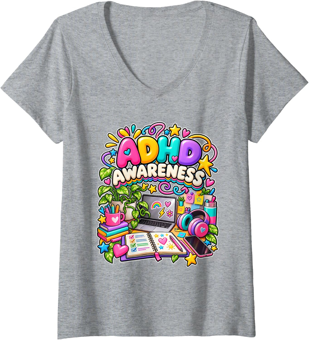 Women's ADHD Awareness Neurodivergent Support Warrior Advocate V-Neck T-Shirt - Heather Grey