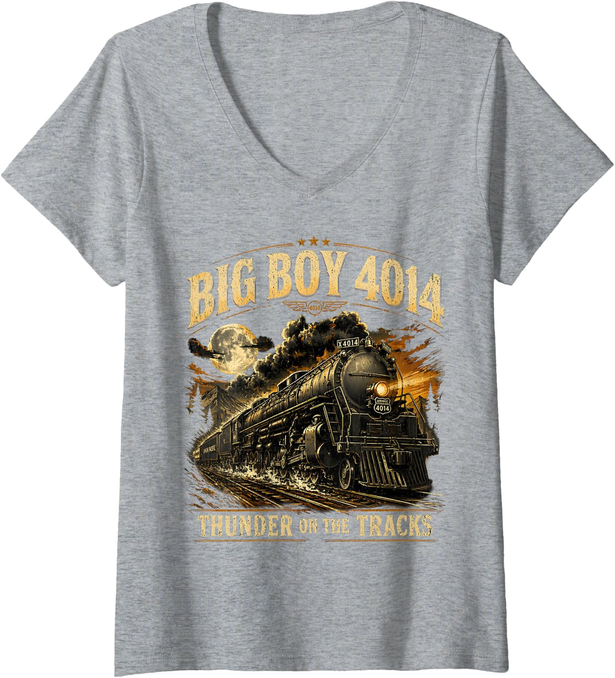 Women's Big Boy 4014 Vintage Steam Locomotive Retro Tee V-Neck T-Shirt - Heather Grey