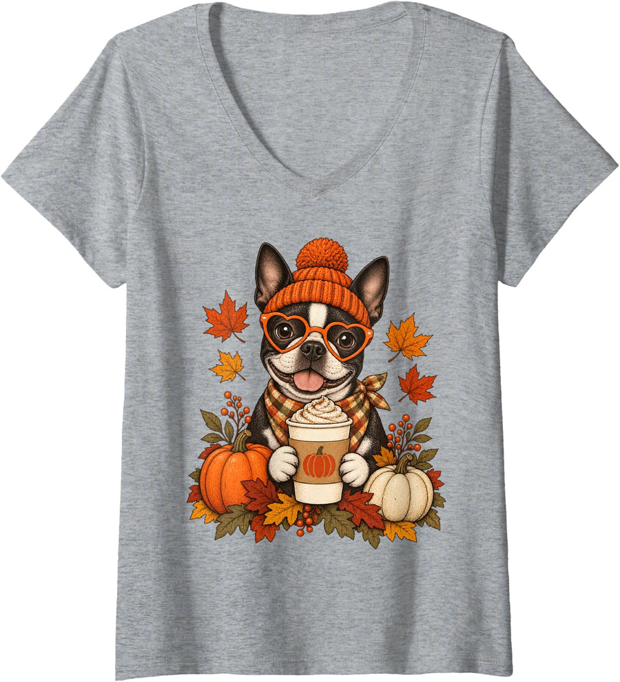 Women's Boston Terrier Fall Autumn Season Pumpkin Spice Dog V-Neck T-Shirt - Heather Grey