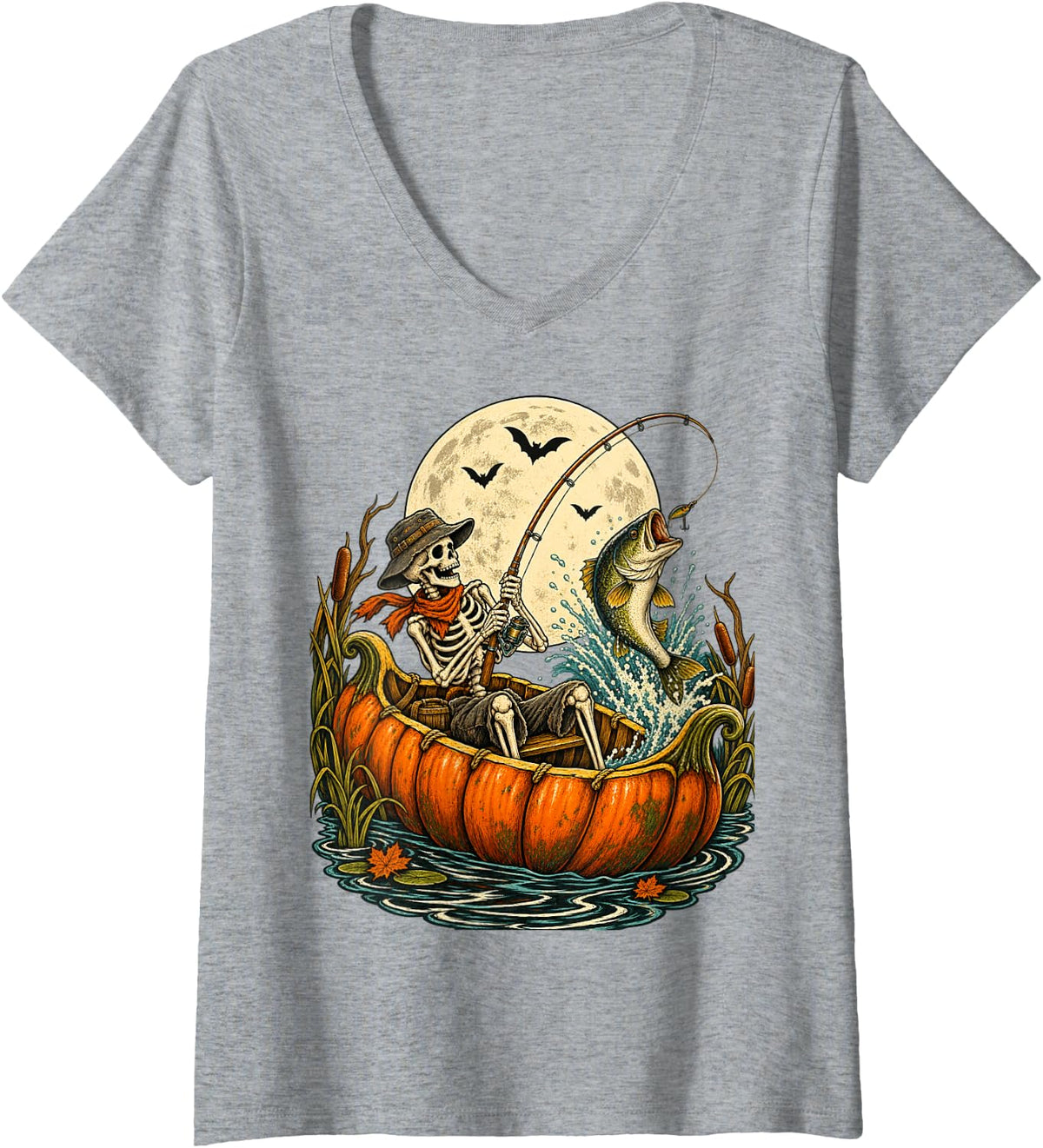 Women's Skeleton Fisherman Pumpkin Boat Halloween Bass Fishing V-Neck T-Shirt - Heather Grey